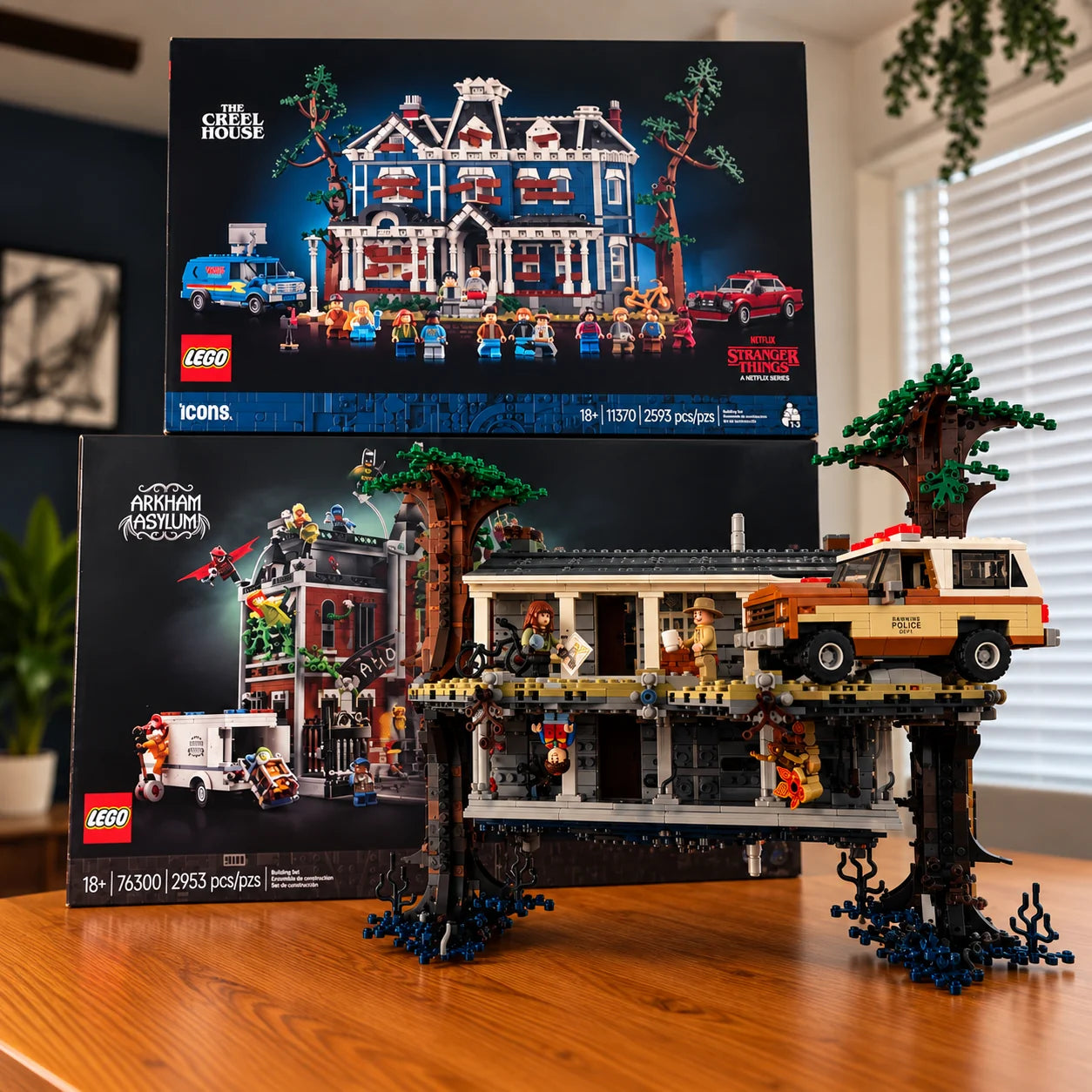 Both boxed sets alongside the built Upside Down display